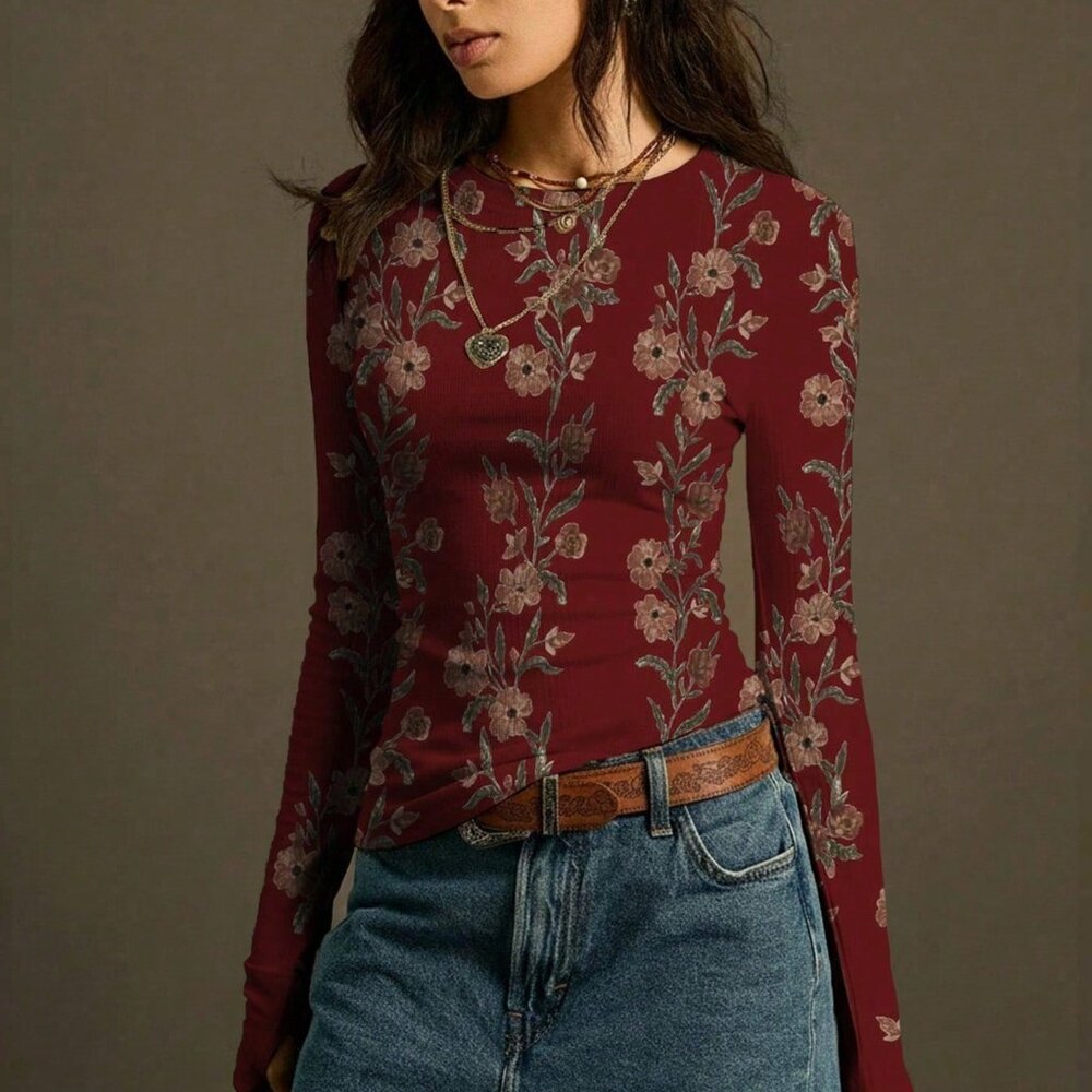 Burgundy Casual Women's Soft Floral Long Sleeve T-Shirt - Picture 4 of 6
